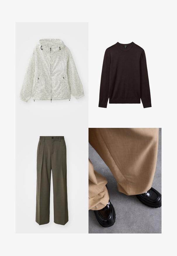 Lengvas, kreminės spalvos užtrauktuku užsegamas džemperis su kapišonu, elastingomis rankovėmis ir pakartotine geometrine raštine. Įrengti du priekiniai kišeniai.; Reiss Džemperis - dark bordeaux; Filippa K WIDE TROUSERS - Kelnės - driftwood; Šviesiai rudos kelnės su struktūrizuotu paviršiumi, derinamos su blizgiais juodais loafer'iais, turinčiais storą padas ir akcentuotas siūles.