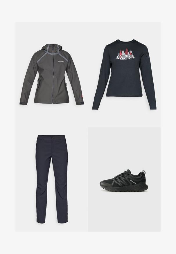Donkergrijze waterdichte jas met capuchon, voorzien van naadaccenten, ritszakken en een logo op de borst. Geweven stof.; Langsluitend donkergrijs shirt met lange mouwen, versierd met een grafisch ontwerp van rode bomen en bergen; het "COLUMBIA"-logo in vet witte tekst. Zacht materiaal, standaard ronde hals.; Navyblauwe broek van gladde stof, met een sluiting aan de voorkant met een knoop, slim-fit ontwerp en geplooide details bij de knieën.; Columbia PEAKFREAK - Outdoorschoenen - black