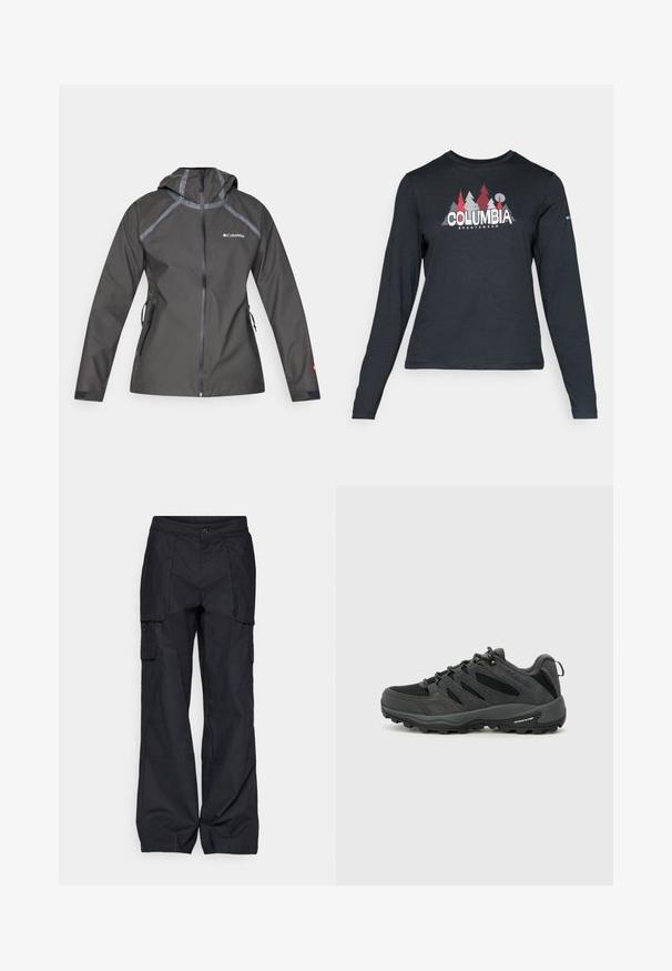 Tamsiai pilka vandeniui atspari striukė su gobtuvu, su siūlėmis akcentais, užtrauktukais kišenėse ir logotipu ant krūtinės. Tekstūruota medžiaga.; Ilga rankovė tamsiai pilka marškinėliai su raudonų medžių ir kalnų grafika; drąsaus baltos spalvos teksto "COLUMBIA" logotipas. Minkšta medžiaga, standartinis apvalus kaklas.; Columbia BREA FALLS™ COTTON RIPSTOP PANT - Lauko kelnės - black; Columbia REDMOND - Turistiniai batai - black/citron haze