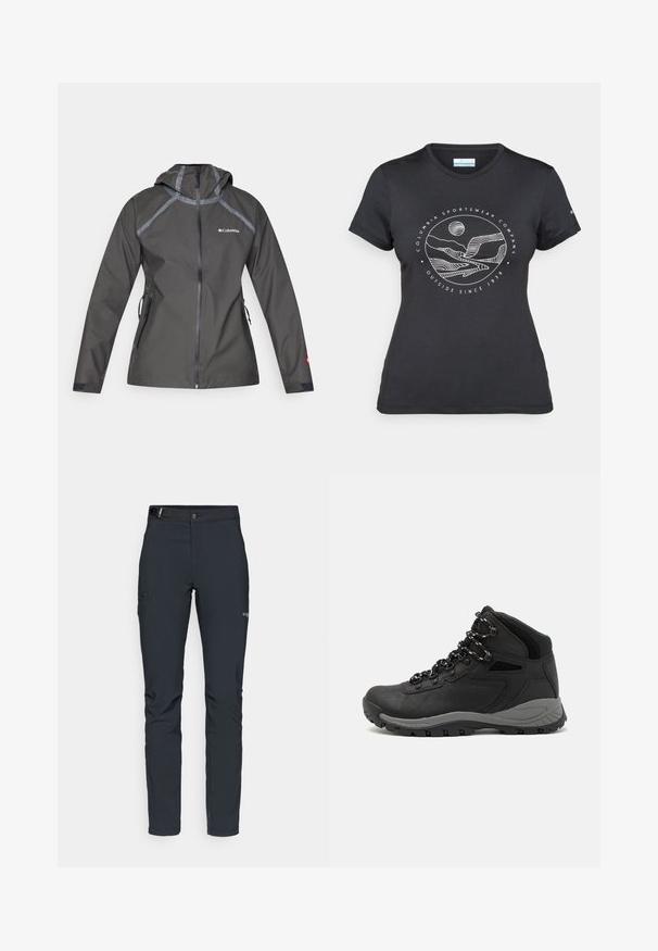 Dark gray waterproof jacket with a hood, featuring seam accents, zippered pockets, and a logo on the chest. Textured fabric.; Black Columbia t-shirt with white circular mountain and river line art and text "Columbia Sportswear Company Outside Since 1938."; Men's outdoor pants, dark gray, made from flexible material, featuring a belt, zippered pockets, and reinforced stitching.; Black hiking boot with a mid-top design, featuring a textured upper, gray accents, and durable rubber sole with traction lugs.