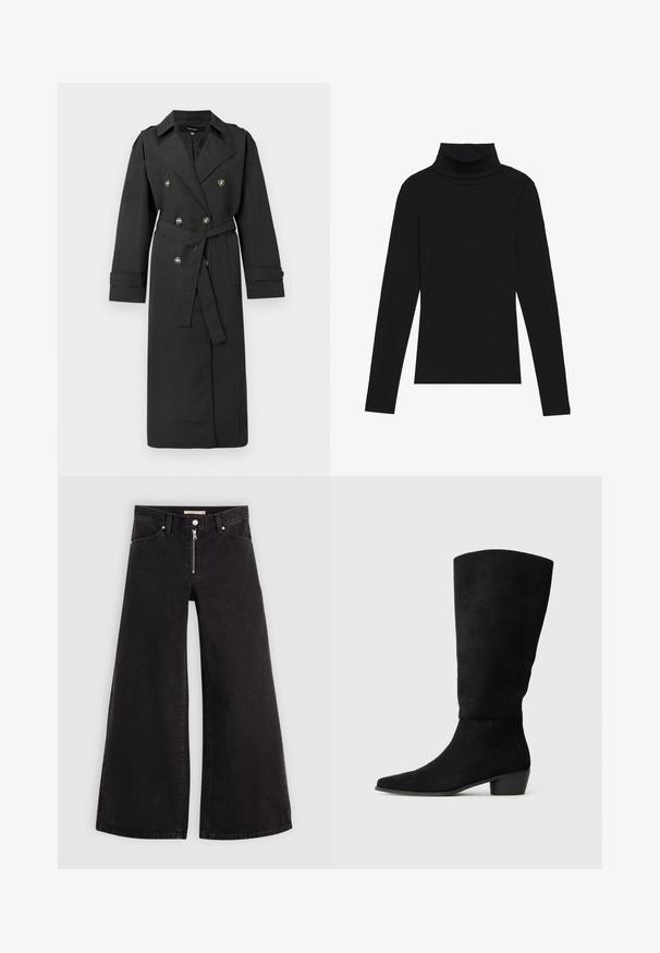 Svart trenchcoat med dobbeltradet design og sølvknapper, belte i midjen, og lange ermer med oppbrettede mansjetter. Klassisk slagkrage.; Svart høyhalset langermet topp, laget av ribbestrikket stoff, har en tettsittende design med høy hals og uten mønstre eller dekorasjoner.; Vide benbukser i sort denim med glidelås i front, fem-lomme design og subtile sømdetaljer. Glatt tekstur og avslappet stil.; Svart semsket knelang støvel med lav blokkheel og spiss tå, vist i sidevisning på en enkel lys grå bakgrunn.