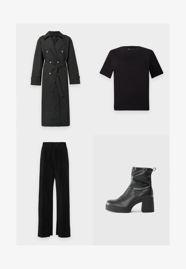 Melns tranšējas mētelis ar dubultpogu dizainu ar sudrabotas pogas, jostasvietu ar jostu un garām piedurknēm ar atlokiņu manšetēm. Klasisks atloks apkakle.; Melnas īsām piedurknēm T-krekls ar apaļu kakla izgriezumu, izgatavots no mīksta kokvilnas auduma. Vienkāršs dizains, bez redzamām logo vai rakstiem.; Melni plīšu bikses ar elastīgu jostu. Tām ir platākas kājas un gluda, teksturēta auduma ar vertikālām svītrām.; Melni potītes zābaki, kas izgatavoti no gludas ādas, ar sānu rāvējslēdzēju, masīvu strukturētu papēdi un noapaļotu purngalu.