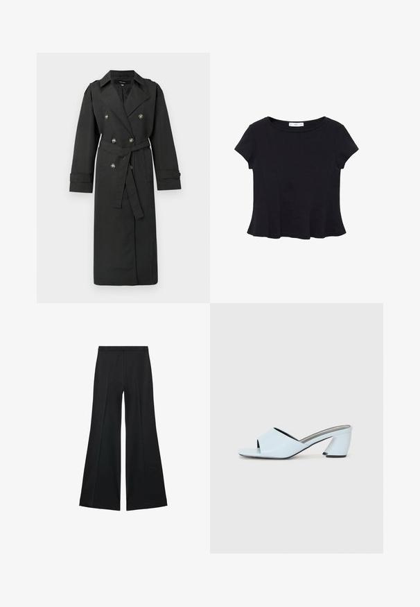 Crni baloner s dvostrukim kopčanjem sa srebrnim gumbima, remenom u struku i dugim rukavima s preklopnim manšetama. Klasični rever ovratnik.; Crni kratki rukav majica od mekog materijala, s okruglim izrezom i raširenim rubom s suptilnim detaljima šavova.; Crne široke hlače s glatkom teksturom, koje imaju prednje nabore i kroj po mjeri. Tkanina je lagana i lepršava.; Svijetloplave sandale na visoku petu s otvorenim prstima, s geometrijskim dizajnom, koje imaju široku traku preko stopala i debelu, kutnu petu.