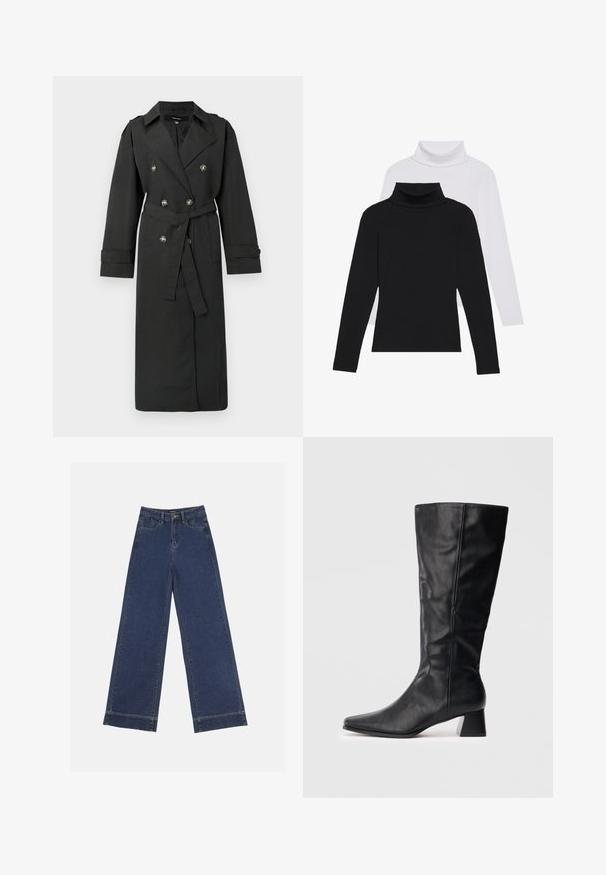Juodas tranšėjos paltas, turintis dvigubo atsisegimo dizainą su sidabriniais mygtukais, diržu juosmens srityje ir ilgomis rankovėmis su atlenkiamais pasiuvais. Klasikinis atvartų apykaklė.; Juodai balti ilgomis rankovėmis megztiniai su aukšta apykakle, sukrauti vienas ant kito, pagaminti iš raukšlėtos medžiagos, su prigludusiomis formomis.; Plati džinsai tamsiai mėlynos denimo. Yra penki kišenės, diržo kilpos ir apatinė briauna su matomais siuvimo detalėmis.; Juodas odinis vidutinio ilgio botas su smailiu kojų pirštu ir blokuotu kulnu ant vienspalvio šviesaus fono.