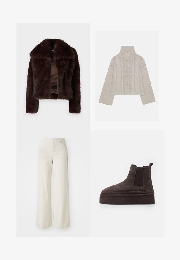 Giacca in pelliccia sintetica marrone con ampio colletto, design corto e texture morbida. Fodera in satin senza chiusure visibili o decorazioni.; Maglione a collo alto in maglia grigia chiara, con polsini a costine e con motivi a treccia texture lungo la schiena e i lati.; Pantaloni a gamba larga di un colore beige chiaro, realizzati in un tessuto liscio. Presentano una vita classica e una parte anteriore piatta con linee pulite.; Stivali Chelsea in suede marrone con pannelli laterali elastici e una suola piatta spessa e testurizzata. Presentano un'etichetta sul tallone per facilitare l'indossamento.