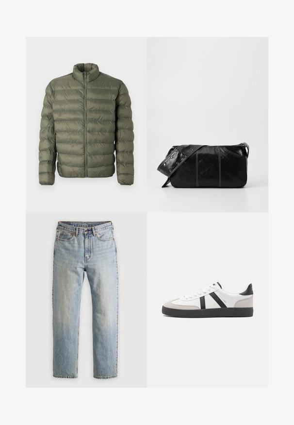 Oljčno zelena, prešita bunde jakna z dolgimi rokavi, visokim ovratnikom in sprednjim zadrgo.; Bež pulover s četrtno zadrgo iz mehkega pletenega materiala. Z ribastim ovratnikom in manšetami, sproščenega kroja in brezšivnim dizajnom.; Svetlo modri džins hlače z visokim pasom, sprednjim gumbom, zadrgo in petimi žepi, laid flat na nevtralni podlagi.; Bela športna obutev z črnimi in sivo akcenti, z teksturirano sivo kapico za prste, črnim gumijastim podplatom in ravnimi belimi vezalkami. Čista zasnova, minimalistični slog.; Črna usnjena torba za ramo z zadrgo, ki ima teksturirano telo, belo šivanje in trak s srebrnimi luknjami.