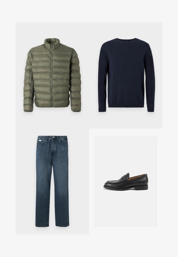 Olivovo zelená, prešitá pufferoá bunda s dlhými rukávmi, vysokým golierom a predným zipsom.; Námornícky modrý pletený sveter s dlhými rukávmi, okrúhlym výstrihom a rebrovanými manžetami a lemom. Obsahuje malé logo na hrudi.; Tmavomodré denimové džínsy so strihom rovného strihu, piatimi vreckami, pútkami na opasok a zipsom. Hladká textúra s jemnými efektmi vyblednutia.; Čierne kožené mokasíny s hladkým povrchom, zaoblenou špičkou a dekoratívnym prešívaním na prednej časti. Nízky kokteilový opätok a jemný lesk.