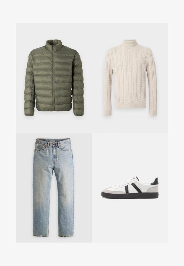 Oliivivihreä, tikattu puhallettava takki pitkillä hihoilla, korkealla kauluksella ja vetoketjullisella etuosalla.; Beige, neulepaita, jossa on korkea, ribattu poolokaulus. Sen pinnassa on teksturoitu nuppineulesuunnittelu ja ribatut hihansuut sekä helma, mikä luo kotoisan ilmeen.; Vaaleansininen farkut, joissa on korkea vyötärö, etunappi, vetoketju ja viisi taskua, asetettu tasaisesti neutraalille taustalle.; Valkoiset lenkkarit mustilla ja harmailla yksityiskohdilla, joissa on teksturoitu harmaa kärki, musta kumipohja ja litteät valkoiset nauhat. Siisti muotoilu, minimalistinen tyyli.