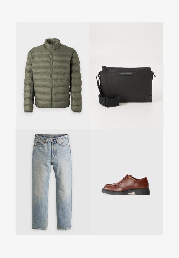 Oliven grønn, quiltet pufferjakke med lange ermer, høy krage og glidelås foran.; Burgunderfarget langermet skjorte laget av bomull, med krage med knapper, knappestolpe foran og en liten logo på brystet.; Lys blå denim jeans med høy midje, frontknapp, glidelås og fem-lommers design, lagt flatt på en nøytral bakgrunn.; Brune lærdressko med rund tå, kontrasterende sting, snøredesign og en teksturert svart gummisåle.; Svart skinn crossover-veske med teksturert overflate, med glidelås og justerbar stropp. Logo-patch på fronten. Rektangulær fasong.