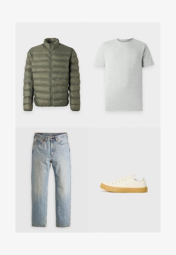 Oliwkowa, pikowana kurtka puchowa z długimi rękawami, wysokim kołnierzem i zapięciem na zamek z przodu.; Jasnoszara koszulka typu T-shirt z krótkim rękawem i okrągłym dekoltem, wyeksponowana na białym tle, widok z przodu bez widocznych logo czy wzorów.; Jasnoniebieskie dżinsy z wysokim stanem, z guzikiem z przodu, zamkiem błyskawicznym i pięcioma kieszeniami, ułożone na płasko na neutralnym tle.; Płócienne sneakersy w odcieniu ecru z okrągłym noskiem, charakteryzujące się beżowymi gumowymi podeszwami i pięcioma otworami na sznurówki, z teksturowanym wykończeniem cholewy.