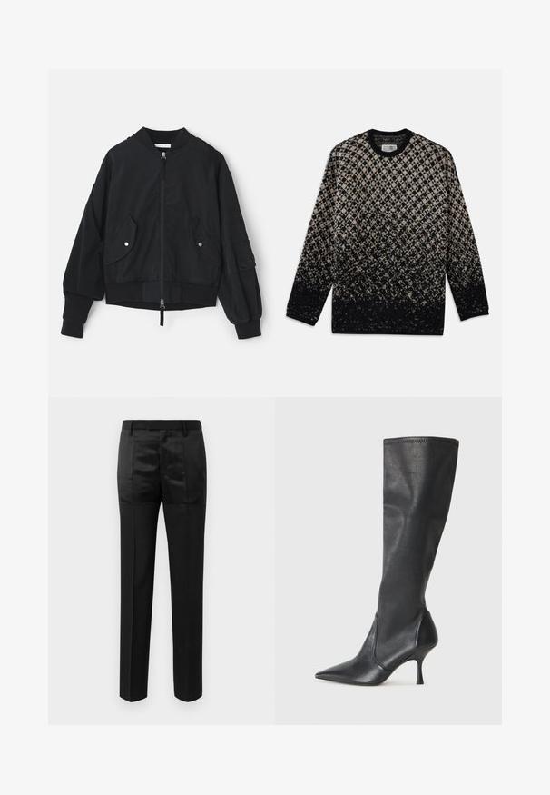 Zwarte bomberjack met een ritssluiting aan de voorkant, geribbelde manchetten en twee voorzakken. Heeft een ontspannen pasvorm en een tekstuurdetail in de stof op de mouwen.; Gebreide trui met een diamantpatroon in beige en zwart, met een geleidelijke kleurverloop. Ronde hals en lange mouwen. Zachte textuur.; Zwarte op maat gemaakte broek met rechte pijpen en een tailleband met riemlussen, voorzien van een mix van matte en glanzende stofpanelen.; Kniehoge zwarte leren laarzen met een spitse neus en een slanke stilettohak. Glad textuur met een aansluitend ontwerp en stiksels aan de bovenrand.