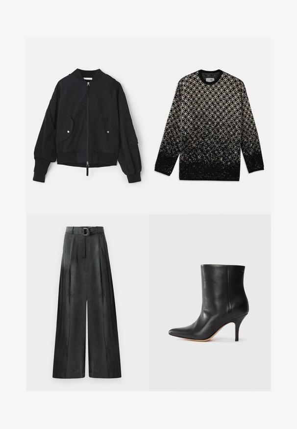 Musta bombere takki, jossa on vetoketjukiinnitys, ribattu hihansuu ja kaksi etutaskua. Sisältää rentoa istuvuutta ja tekstuuripintaiset yksityiskohdat hihoissa.; Kudottu neule, jossa on timanttikuosi beigeä ja mustaa, ja väri laimennettuna. Pyöreä pääntie ja pitkät hihat. Pehmeä pinta.; Housut leveillä lahkeilla tummanharmaana, joissa on sileä pinta, laskokset ja hopeinen solki korkeassa vyötärössä.; Musta nahkasaapas nilkkamittaisena, teräväkärkinen, kapea stiletto-korko ja sileä pinta. Minimalistinen muotoilu ilman näkyviä metalliosia tai kuvioita.