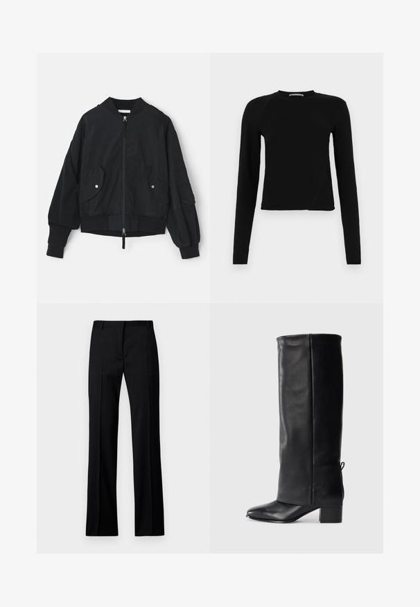 Chaqueta bomber negra con cierre de cremallera frontal, puños acanalados y dos bolsillos delanteros. Presenta un corte holgado y un detalle de tela texturizada en las mangas.; Top corto negro de manga larga hecho de una tela suave, con un escote redondo y un dobladillo ligeramente asimétrico con un sutil detalle de logo.; Pantalones negros de pierna recta en tejido liso, con una parte frontal plana, pasadores para cinturón y sin bolsillos visibles ni adornos.; Botas de cuero negro hasta la rodilla con un acabado suave, punta cuadrada, tacón cuadrado y detalle de lazo lateral para un ajuste ajustable.