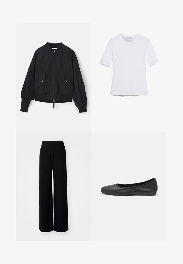 Giacca bomber nera con zip frontale, polsini a coste e due tasche anteriori. Presenta una vestibilità rilassata e dettagli in tessuto testurizzato sulle maniche.; T-shirt bianca a maniche corte realizzata in tessuto a costine. Collo rotondo, vestibilità regolare e dettagli di cucitura sottili. Senza motivi o grafiche.; Pantaloni neri a gamba larga con vita alta, tessuto morbido, chiusura frontale con bottone e senza tasche visibili, caratterizzati da una vestibilità su misura.; Pantofole da balletto nere in pelle con punta arrotondata, texture liscia, dettagli di cucitura minimi e design con suola flessibile.
