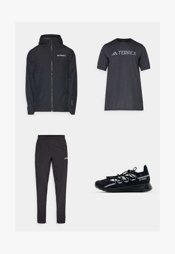 adidas Terrex MULTI 2.5L - Impermeabile - black; T-shirt nero a maniche corte realizzato in tessuto leggero, con il logo "TERREX" grigio chiaro sul petto e colletto tondo.; Pantaloni sportivi neri con vita elasticizzata, due tasche laterali con zip e un logo sulla parte superiore della gamba destra. Tessuto liscio e leggero.; Scarpa da ginnastica nera con tomaia in rete, dettagli riflettenti, lacci elastici e suola in gomma testurizzata. Presenta un design elegante per le prestazioni.