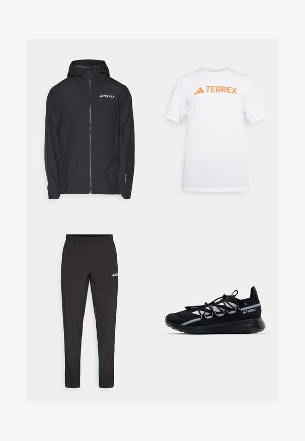 adidas Terrex MULTI 2.5L - Regenjacke / wasserabweisende Jacke - black; Weißes kurzärmliges Sportshirt aus atmungsaktivem Material, mit einem orangefarbenen "TERREX"-Logo auf der Brust. Einfaches Design mit klaren Linien.; Schwarze Sporthose mit einem elastischen Bund, zwei seitlichen Reißverschlusstaschen und einem Logo am oberen rechten Bein. Glattes, leichtes Material.; Schwarzer Sportschuh mit einem Obermaterial aus Mesh, reflektierenden Akzenten, elastischen Schnürsenkeln und einer strukturierten Gummisohle. Verfügt über ein schlankes Design für optimale Leistung.