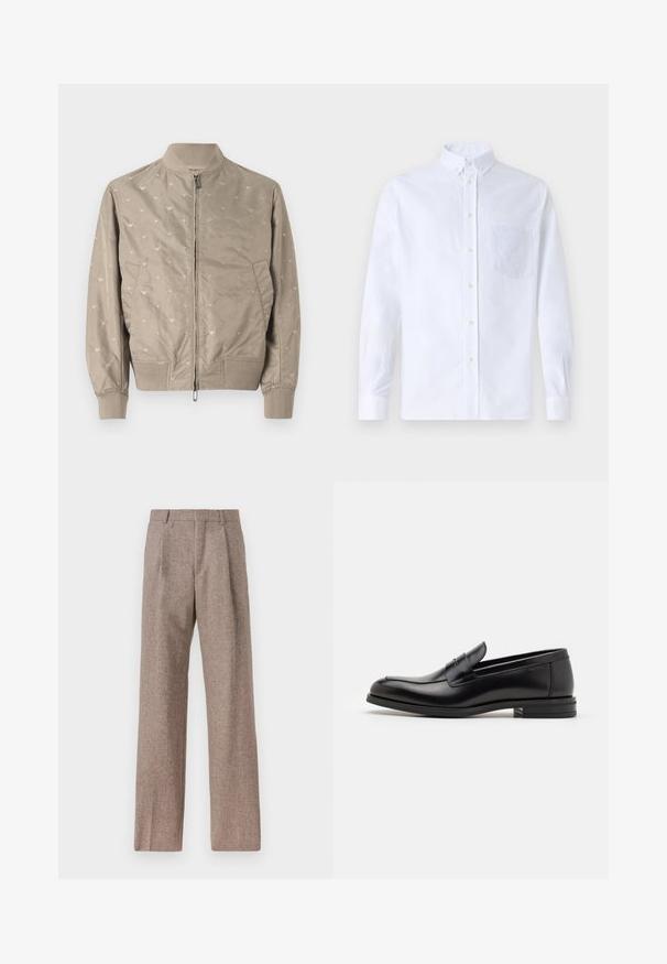 Šviesiai smėlinis bomber tipo švarkas su švelniu tekstūra, su subtiliais paukščių raštais, užtrauktuku, įleistu apykakle ir rankogaliais. Du šoniniai kišeniai.; Balta ilga rankovė mygtukų marškiniai, pagaminti iš medvilnės, su krūtine kišene ir toniniu siuvinėjimu, apykakle ir mygtukų apvadu.; Rudos, aukšto liemens kelnes, pagamintas iš tekstūruotos medžiagos. Plati kojos, dvi priekinės klostės struktūrai. Tvarkingas apdailos darbai, be matomų detalių.; Juodos odinės loafers, turinčios lygų paviršių, apvalią noselę ir dekoratyvinę juostą per priekinę dalį. Žemas krentantis kulnas, minimalistinis dizainas.