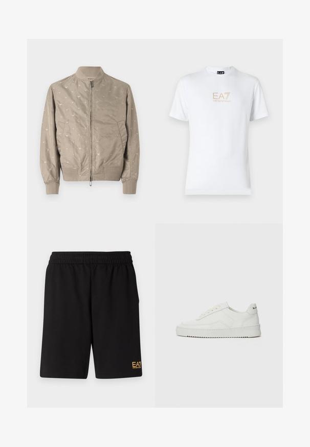 Light beige bomber jacket with a soft texture, featuring subtle bird patterns, zip closure, ribbed collar, and cuffs. Two side pockets.; White cotton t-shirt featuring a round neckline and short sleeves, with a gold EA7 Emporio Armani logo printed on the front.; Black athletic shorts made of soft fabric,Featuring an elastic waistband and a small yellow EA7 logo on the lower left leg.; White leather sneaker with a smooth finish, round toe, flat laces, and a textured sole. Features a subtle logo on the heel.