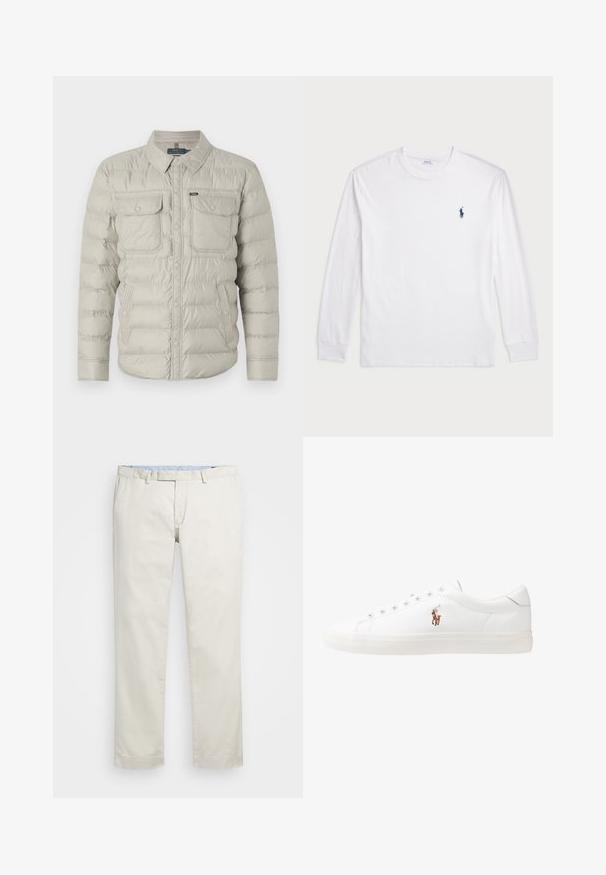 Casaco bege acolchoado com fecho de botões na frente, dois bolsos no peito e colarinho dobrável. Apresenta um padrão acolchoado horizontal e textura suave.; Camisola de manga longa branca feita de algodão. Apresenta um decote redondo, punhos canelados e um pequeno logótipo de polo azul-marinho no lado esquerdo do peito.; Chinos de algodão bege com frente plana, passantes para cinto e bolsos laterais. Design de perna reta com uma textura suave e uma sensação leve e respirável.; Sapatilhas de couro brancas, design de cano baixo, com textura suave, biqueira redonda, atacadores à frente e um pequeno logótipo bordado na lateral.
