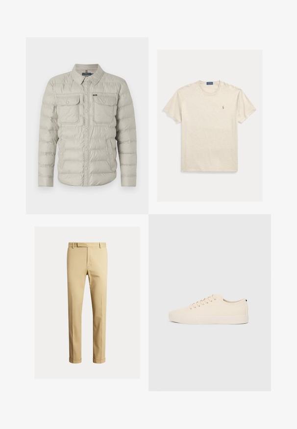 Paminkštintas šviesiai rudas švarkas su mygtukų užsegimu priekyje, dviem krūtinės kišenėmis ir nuleidžiamu apykakle. Savybės: horizontalių siuvinėjimų raštas ir lygus paviršius.; Smėlio spalvos medvilninė marškinėliai su apvaliu kaklu ir trumpomis rankovėmis, su mažyliu siuvinėjamu logotipu kairėje krūtinės pusėje. Minkšta tekstūra, laisvas stilius.; Kaki chinos, pagaminti iš lygaus medvilnės audinio, turintys prigludusį siluetą, priekinę klostę ir manžetę ties kulkšnimis, siekiant siauresnio vaizdo.; Šviesiai rudos drobės sportbačiai su apvalia nosimi, plokščiu guminiu padu ir raišteliais priekyje. Pasižymi minimalizmu ir juodu akcentu kulne.