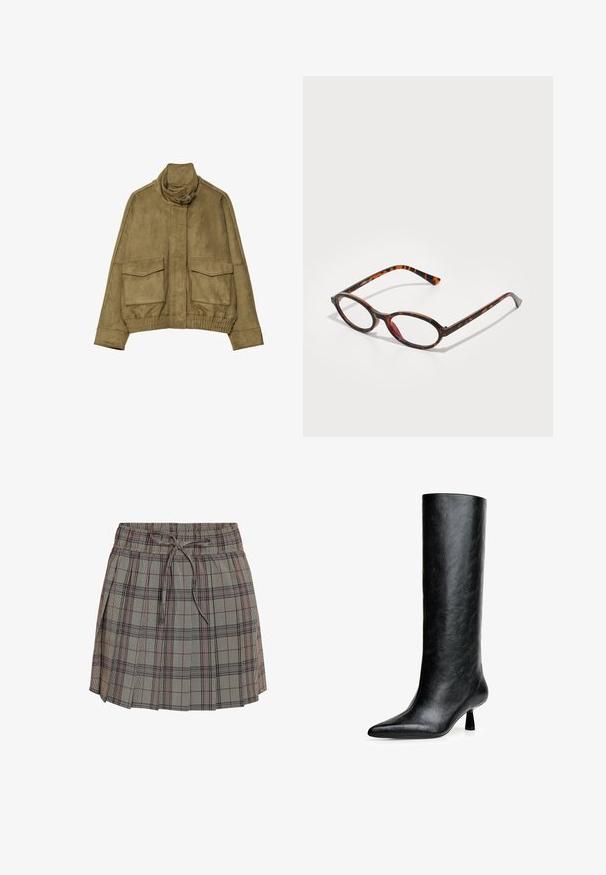 Suedesjakke i olivengrøn med høj krave, to forlommer og ribbet talje. Glat tekstur og skræddersyede designdetaljer.; Hvid skjorte med knap-lukning lavet af glat stof. Har en klassisk krave, lange ærmer og en lige pasform uden synlige mønstre eller udsmykninger.; Rutig nederdel med elastisk talje og justerbar snor. Har en lysegrå bund med sorte og røde tern.; Sort knæhøje støvler lavet af struktureret læder. Har en spids tå og en lille, udvidet hæl. Slankt, glat design med minimale accenter.; Skildpaddedesign solbriller med ovale linser, der har en mørk ramme med lyse og mørke brune mønstre samt slanke, buede stænger.; Sort læder skuldertaske med en buet silhuet, der har en guld kædestrop og en glat, blank finish.