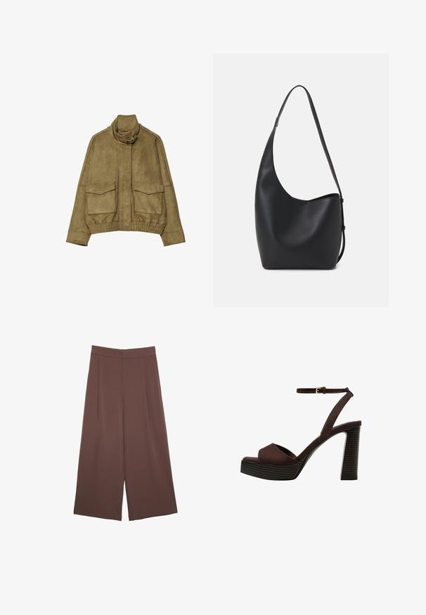 Suedesjakke i olivengrøn med høj krave, to forlommer og ribbet talje. Glat tekstur og skræddersyede designdetaljer.; Lys beige kortærmet t-shirt med rund halsudskæring, lavet af blødt, glat stof. Har en afslappet pasform og lige forneden.; Brune bredbunde bukser med en glat tekstur, der har høj talje og plisseringer foran. Stoffet er let og falder løst.; Brune ruskinds højhælede sandal med åben tå, justerbar ankelrem og en stribet plade sål.; Sort læder hobo taske med en glat overflade, buet form og en enkelt justerbar rem; har en bred åbning øverst.