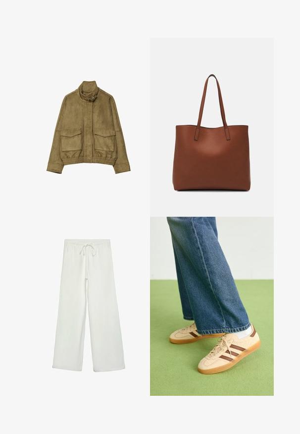 Giacca in suede verde oliva con colletto alto, due tasche frontali e vita a costine. Texture liscia e dettagli di design su misura.; T-shirt bianco a maniche corte realizzato in cotone. Presenta un collo tondo e una vestibilità rilassata. Texture liscia senza motivi o dettagli visibili.; Pantaloni bianchi a gamba larga realizzati in un tessuto morbido. Presentano un elastico in vita con cordino e una consistenza liscia. Senza motivi visibili o accessori.; Sneakers beige con pannelli texturizzati crema e strisce marroni, abbinati a jeans in denim blu. I jeans hanno un taglio largo e orlo sfilacciato.; Borsa tote in pelle marrone con texture liscia, design con apertura superiore e due spallacci. Presenta cuciture minime e nessun hardware visibile.
