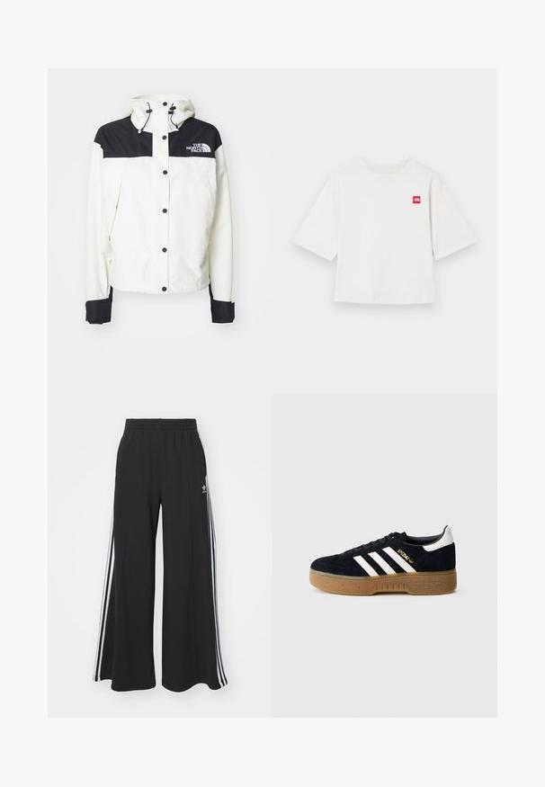 Valkoinen takki, jossa on musta yläosa ja olkapäät, hupullinen, napituksella ja mustilla hihansuilla. The North Face -logo on rinnassa.; Valkoinen lyhythihainen t-paita, joka on valmistettu puuvillasta. Vasemmassa rinnassa pieni punainen neliölogo. Suora leikkaus. Pehmeä pinta.; Mustat löysät verkkarit, joissa on joustava vyötärö, valkoiset sivuraidat ja brodeerattu logo vasemmassa reidessä.; Musta mokkanahkainen lenkkari, jossa valkoiset kolme raitaa ja kultainen logo. Kumipohja, jossa kuvioitu pito. Klassinen matala malli, pyöreä kärki.