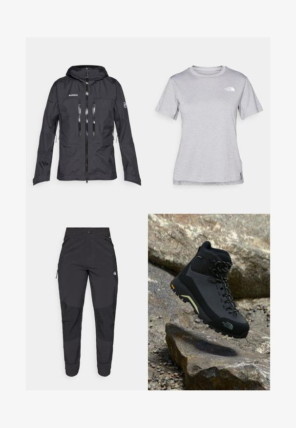 Juodas Mammut džemperis su gobtuvu, keliais užtrauktukais uždaromais kišenių, lygiu paviršiumi ir priekinio užtrauktuko dizainu. Sukurtas lauko veiklai.; Pilkas trumpomis rankovėmis marškinėliai, pagaminti iš minkštos, drėgmę sugeriančios medžiagos. Turi apvalią iškirptę ir mažą baltą logotipą viršutiniame kairiajame kampe.; Juodos lauko kelnės, pagamintos iš patvarios medžiagos. Turi užtraukiamas kišenes, sustiprintus kelio plotus ir tiesią konstrukciją, leidžiančią laisvai judėti.; Juoda žygio batai su tekstūruotu viršumi ir sustiprintu nosim. Turi Vibram pado, kontrastines detales ir patvarias raišteles.