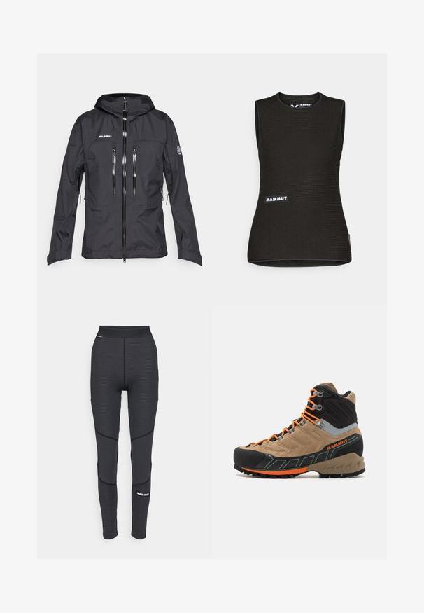 Black Mammut jacket featuring a hood, multiple zippered pockets, a smooth texture, and a front zipper. Designed for outdoor activities.; Black sleeveless shirt with a textured pattern, featuring a round neckline and a "MAMMUT" logo on the front. Made of breathable material.; Black athletic leggings with textured panels and reinforced stitching, featuring a branded logo and a wide, elastic waistband.; Beige and black high-top hiking boot with orange laces, rubber toe cap, textured upper, and rugged sole. Features reinforced ankle support.