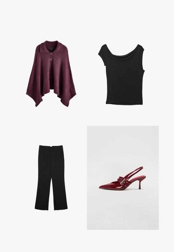 Burgundowy poncho z kołnierzem, z dwiema guzikami z przodu, wykonane z miękkiego materiału dzianinowego o płynnej, asymetrycznej formie.; Czarna bluzka z krótkim rękawem, wykonana z gładkiego materiału; posiada dekolt w stylu drapowanym oraz asymetryczny dół, z dopasowanym krojem.; Czarne spodnie o prostym kroju, z przednimi kieszeniami i bocznymi rozcięciami na dole. Wykonane z miękkiego, gładkiego materiału. Odpowiednie na różne okazje.; Czerwone lakierowane czółenka na klocku z zaokrąglonym noskiem, dwoma paskami z klamrami oraz smukłym, średniej wysokości obcasem w stylu stiletto. Gładka tekstura.