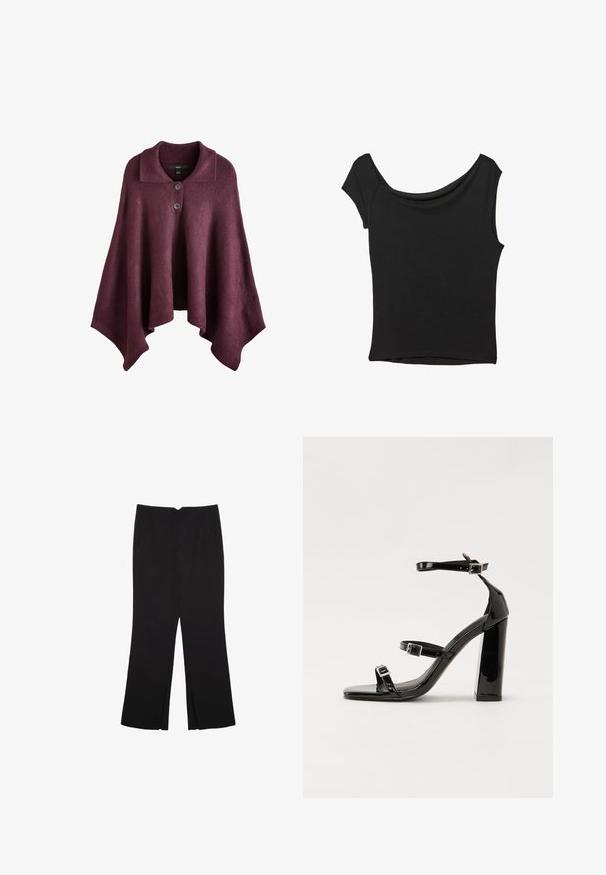 Burgundské pončo s golierom, ktorý má prednú časť so zapínaním na dve gombíky, vyrobené z mäkkej pleteniny s voľným, asymetrickým strihom.; Čierny krátky rukáv top vyrobený z hladkej tkaniny; má prehnutý výstrih a asymetrický lem, s priliehavým telom.; Čierne nohavice so strihom rovného strihu, s prednými vreckami a bočnými rozparkami na leme. Vyrobené z mäkkej, hladkej tkaniny. Vhodné na rôzne príležitosti.; Čierne lakované sandále na podpätku so štvorcovou špičkou, navlečenými remienkami okolo členku a striebornými prackami. Disponujú masívnym blokovým podpätkom pre stabilitu.