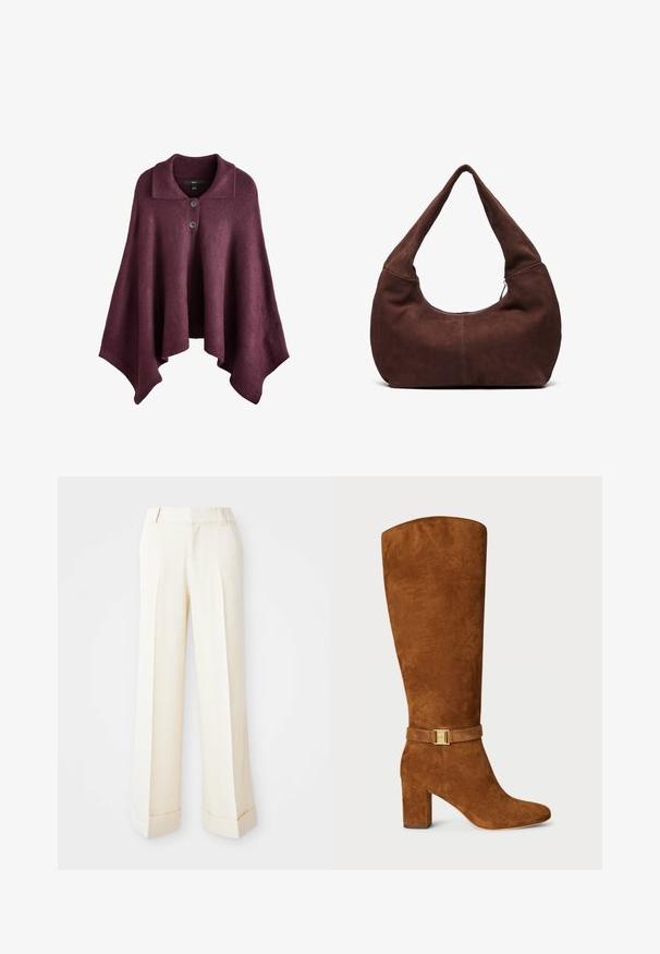 Poncho burdeos con cuello, que presenta dos botones en la parte delantera, fabricado en un material de punto suave con una forma asimétrica y fluida.; Top corto sin mangas color crema con tirantes anchos y una fila delgada de pequeños botones blancos en el centro.; Pantalones de pierna ancha beige con una textura suave, pliegues frontales y puños doblados. Presentan trabillas para cinturón y cierre con cremallera.; Bota de ante marrón hasta la rodilla con punta cuadrada, tacón grueso y un detalle de hebilla en tono dorado en una correa de ante a juego alrededor del tobillo.; Bolso hobo de ante marrón con un asa curvada y ancha y una gran apertura. Textura suave con costuras visibles a lo largo de los bordes.