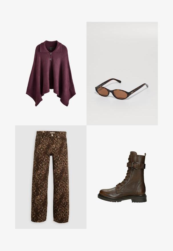 Bordeaux poncho met een kraag, voorzien van twee knopen aan de voorkant, gemaakt van een zachte gebreide stof met een vloeiende, asymmetrische vorm.; Zwarte langemouwen coltrui gemaakt van een zachte, rekbare stof. Heeft een hoge hals en een aansluitende silhoutte zonder versieringen.; Luipaardprint wijde broek in bruin en beige. Gemaakt van denim, met een klassieke vijf-pocket ontwerp en metalen hardware accenten.; Bruine leren veterschoen tot de enkel met een zijgesp, ronde neus, robuuste zool en stiksels voor extra textuur.; Schildpad ovale zonnebril met bruine lenzen, gekanteld om het "QUAY" logo op de rechter poot tegen een effen achtergrond te laten zien.; Zwarte leren emmer tas met trekkoord sluiting, voorzien van een glanzend "CK" logo aan de voorkant en gouden hardware accenten.