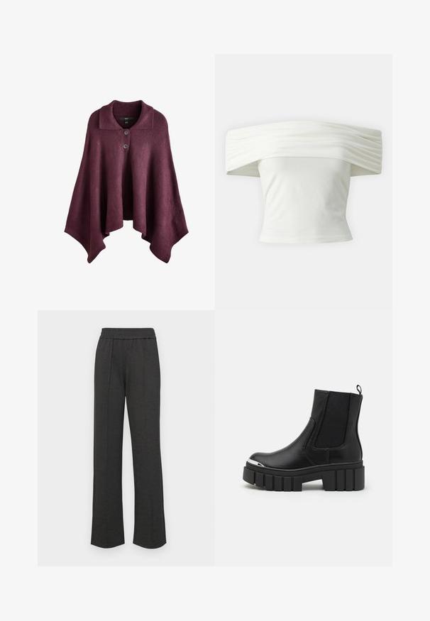 Burgundijas pončo ar apkakli, kas aprīkots ar divām pogām priekšpusē, izgatavots no mīkstas adītas auduma ar plūstošu, asimetrisku formu.; Balta blūze ar atvērtām plecu daļām un plēktām, strukturētām kakla izgriezumiem, kā arī pieguļošu modeli. Izgatavota no mīksta auduma ar gludu tekstūru.; Melni taisni bikses ar elastīgu jostu, priekšējiem krokām, mīkstu audumu un bez redzamām rakstu vai aparatūras detaļām.; Melnas potītes botas, izgatavotas no gludas ādas, ar elastīgām paneļām, biezu platformas zoli un metalizētu purngali.