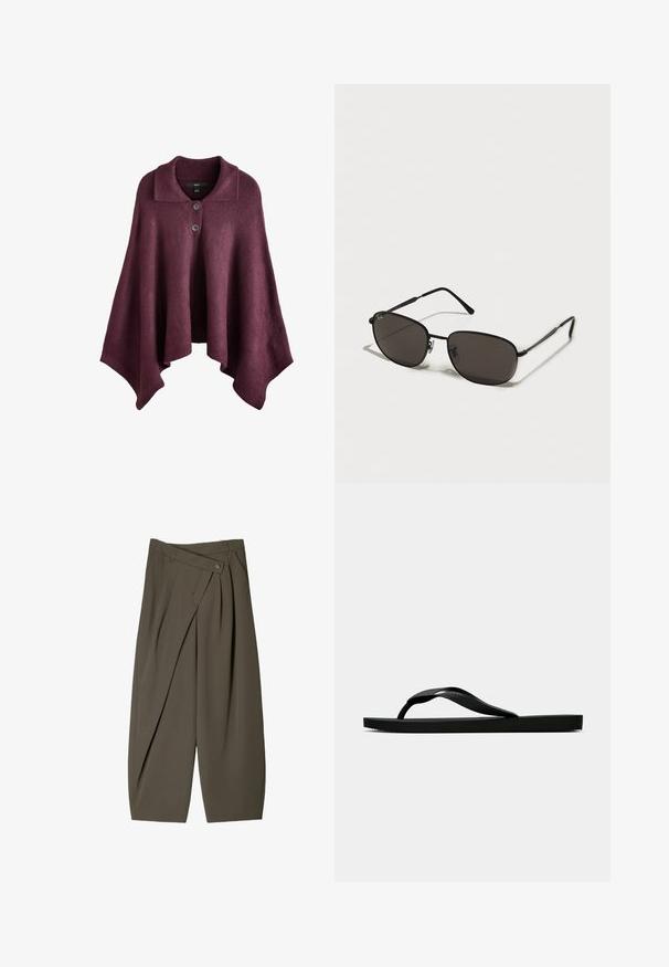 Burgundowy poncho z kołnierzem, z dwiema guzikami z przodu, wykonane z miękkiego materiału dzianinowego o płynnej, asymetrycznej formie.; Czarny, bezrękawnikowy top crop z gładkiego materiału. Posiada cienkie ramiączka spaghetti i dekolt w serek, o dopasowanym kroju.; Szerokie spodnie w ciemnooliwkowym kolorze, z plisowanym przodem, z zapięciem na guzik oraz polerowaną, teksturowaną powierzchnią.; Czarne gumowe klapki z teksturowanym paskiem i prostą płaską podeszwą, przedstawione z boku na jasnym jednolitym tle.; Czarne metalowe okulary przeciwsłoneczne z owalnymi oprawkami, ciemnymi soczewkami, smukłymi zausznikami i subtelnym logo na lewej soczewce. Elegancki, minimalistyczny design.