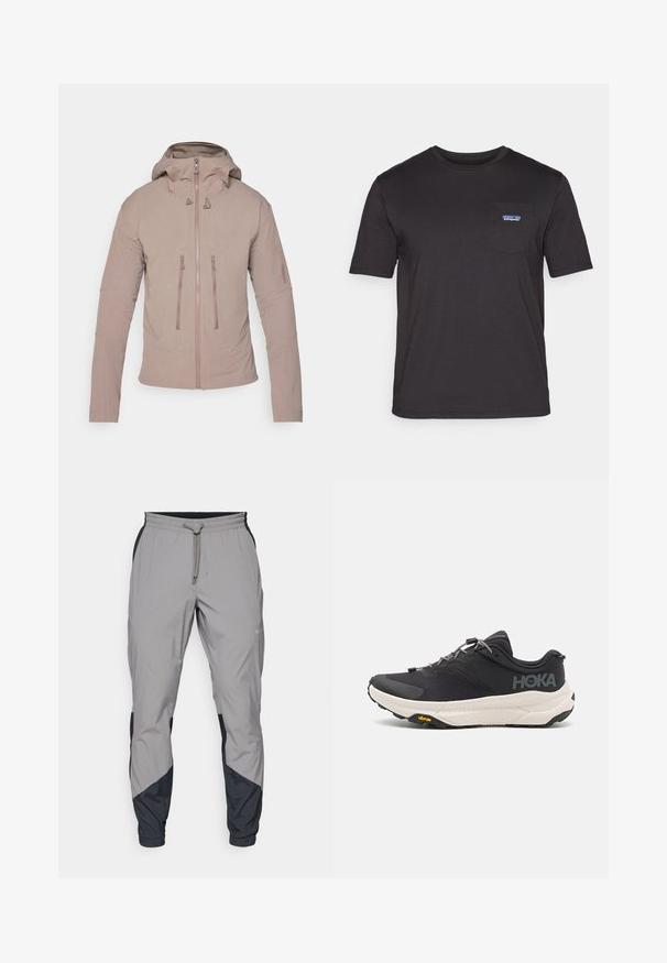 Šviesiai ruda striukė su gobtuvu, su užtrauktuku priekyje, dviem krūtinės kišenėmis ir subtiliu užrašu ant rankovės. Sklandus audinio tekstūra.; Juodas trumpo rankovės marškinėliai, pagaminti iš medvilnės, su krūtinės kišene ir mėlynu Patagonia logotipu kairėje pusėje.; Lengvas, pilkos sportinės kelnės su juodais akcentais. Elastingas juosmuo, raišteliu užsegimas, siaurėjantis kojų dizainas ir šoninės kišenės.; Juodos sportinės bateliai su tekstūruota viršutine dalimi, pilkų akcentų, atspindinčiomis detalėmis ir storu baltu padu su Vibram prekės ženklu.