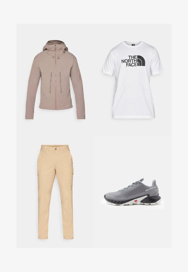 Svetlo bež jakna s kapuco, z zadrgo na sprednji strani, dvema prsima žepoma in diskretnim logotipom na rokavu. Gladka tekstura tkanine.; Bela bombažna majica s črnim grafičnim tiskom, ki vključuje besedilo in obliko ukrivljenega logotipa. Okrugel izrez in kratki rokavi. Enostavna tekstura.; Bež cagro hlače z gumbom, ozek kroj, stranske žepke in gladko mešanico bombaža. Brez vidnih vzorcev ali akcentov.; Sive tekste tekaški čevlji z mrežastim zgornjim delom, črnim in belim gumijastim podplatom ter rdečim detajlom pri peti. Imajo vezalke in podpirajočo zasnovo.