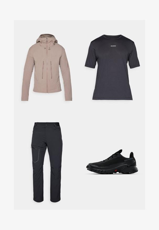 Jasno beżowa kurtka z kapturem, z suwakowym przodem, dwiema kieszeniami na piersiach oraz subtelnym logo na rękawie. Gładka tekstura materiału.; Czarny t-shirt sportowy krótki rękaw z przewiewnego materiału, z okrągłym dekoltem i małym białym logo "SALOMON" na piersi.; Czarne spodnie outdoorowe z zamkiem błyskawicznym na udzie, elastycznym paskiem w talii oraz gładkim, wodoodpornym materiałem. Czysty design bez widocznych logo.; Czarne buty sportowe z teksturowaną cholewką, zaokrąglonym noskiem i wyraźną gumową podeszwą. Posiadają logo z boku i czerwone akcenty na podeszwie.