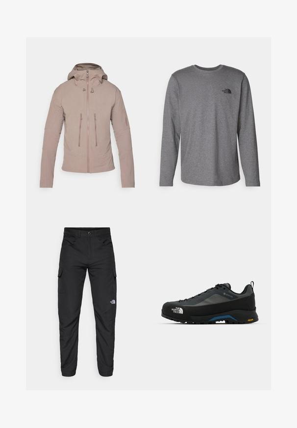 Lys beige jakke med hætte, der har en lynlåslukning foran, to brystlommer og diskret branding på ærmet. Glat stoftekstur.; The North Face M L/S SIMPLE DOME TEE - Langærmet T-shirt - medium grey heather; The North Face HORIZON PANT - Outdoorbukser - black; The North Face VERTO ALPINE GORE TEX - Hikingsko - asphalt grey/tnf black