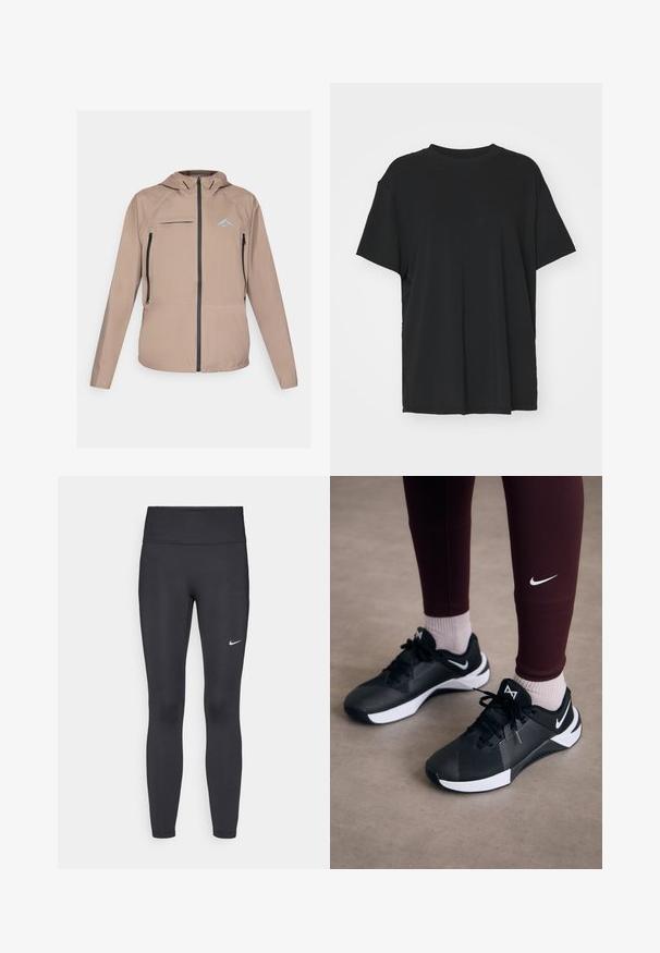 Lett beige jakke med en tilpasset hette, glidelåsåpning og lommer, samt subtil logoakcent. Glatt stoff med teksturerte detaljer.; Svart t-skjorte med korte ermer laget av glatt stoff, med rund hals og løs passform. Har sideslisser for ekstra komfort og pusteevne.; Sorte leggings laget av elastisk stoff, med høy livlinje og en hvit Nike-logo på venstre lår. Glatt tekstur, kroppsnær passform.; Svarte joggesko med en strukturert overdel og hvite detaljer, med snøring og logo på siden. Brukt med maroon leggings og lyse sokker.