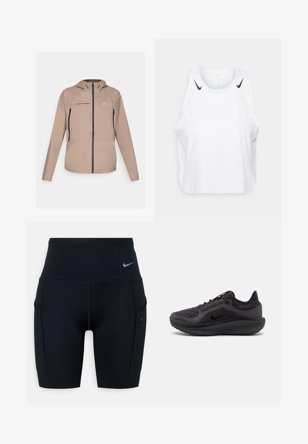 Giacca leggera beige con cappuccio aderente, chiusura zip e tasche, e un accento logo sottile. Tessuto liscio con dettagli texturizzati.; Top senza maniche bianco realizzato in tessuto leggero, con accenti del logo Nike nero sulle spalle, scollatura rotonda e vestibilità morbida.; Shorts sportivi neri a vita alta realizzati in materiale elasticizzato; presentano tasche laterali e un piccolo logo Nike sulla vita.; Scarpa sportiva nera con tomaia trapuntata, accenti testurizzati e suola ammortizzata. Presenta unlogo Nike prominente e suola resistente.