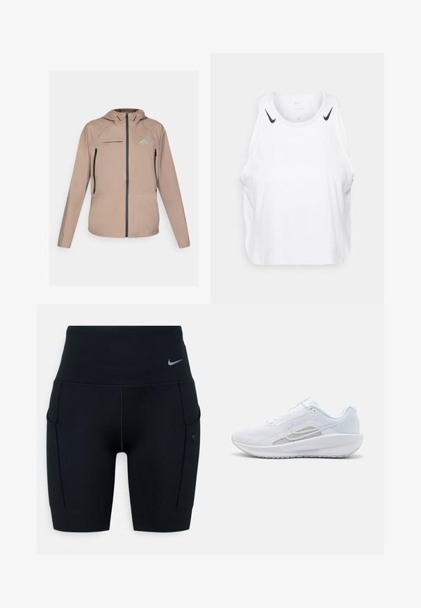 Veste beige légère avec une capuche ajustée, fermeture éclair à l'avant et poches, et un accent logo discret. Tissu lisse avec des détails texturés.; Débardeur blanc sans manches en tissu léger, avec des accents du logo Nike noir sur les épaules, un col rond et une coupe décontractée.; Shorts de sport noirs taille haute en matériau extensible ; dotés de poches latérales et d'un petit logo Nike sur la ceinture.; Baskets blanches avec une tige en mesh, bout rond et semelle texturée. Présentent un swoosh Nike argenté et un design minimaliste.