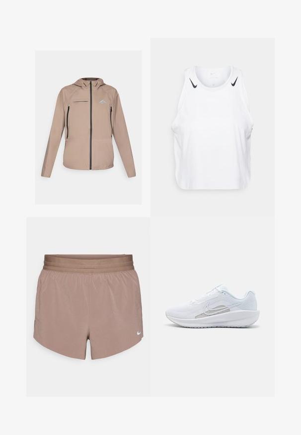 Ľahká béžová bunda s priliehajúcou kapucňou, zipsom vpredu a vreckami, s jemným logom. Hladká tkanina s textúrovanými detailmi.; Biely bezrukávový top vyrobený z ľahkej tkaniny, s čiernymi akcentmi loga Nike na ramenách, okrúhlym výstrihom a voľným strihom.; Nike šortky, ľahký materiál, farba mauve, športový dizajn, elastický pás, bočné vrecká, malý logotyp na dolnom leme.; Biele atletické topánky s priedušným zvrškom, okrúhlym prstom a štruktúrovanou podrážkou. Obsahuje strieborný Nike swoosh a minimalistický dizajn.