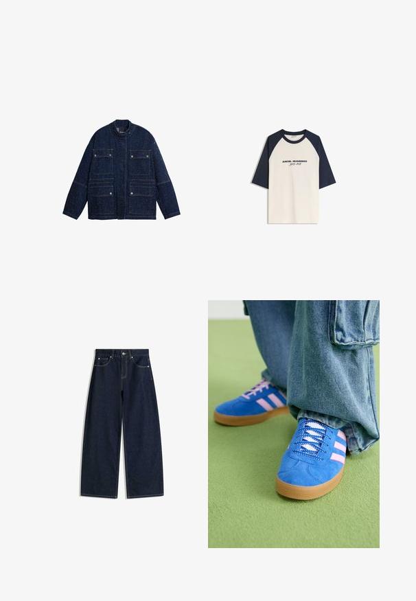 Sötétkék farmerdzseki strukturált dizájnnal, álló gallérral, négy elülső zsebbel és finom pöttyös textúrával az egész felületen.; Krém színű raglán ujjú póló sötétkék ujjaival, elöl fekete színben "ANGEL NUMBERS 912-412" felirattal. Pamut keverék anyag.; Sötétkék, széles szárú farmernadrág elején zsebekkel, gombos záródással és látható varrással, fehér háttéren.; Kék velúr cipők rózsaszín csíkokkal és fehér fűzővel, gumiból készült talppal, laza farmernadrággal egy zöld felületen.