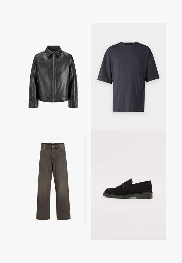 Svart läderjacka med spetsig krage, framdragkedja och långa ärmar. Har en slät yta och enkel design. Inga ytterligare utsmyckningar.; Mörkgrå t-shirt med kort ärm i lättviktsbomull, med en lös passform och klassisk rundhalsringning, med slät textur och utan mönster.; Breda jeans i mörkgrå denim, med hög midja, klassisk femficksdesign och kontrasterande sömmar längs sömmarna.; Svarta mockaloafers med låg klack, med ett enkelt band över ovandelen och texturerade detaljer längs sidorna.