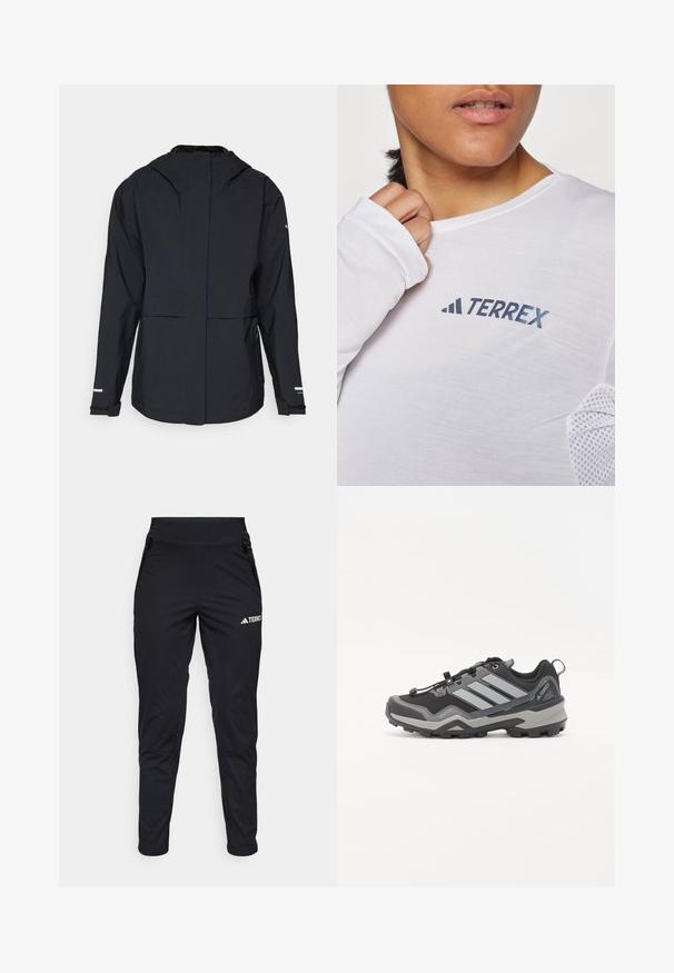 Veste imperméable noire avec capuche, poches avant et poignets élastiques. Présente une finition lisse et mate avec un design minimaliste.; Chemise blanche à manches longues arborant un logo "TERREX" bleu. Le tissu est léger avec des accents en maille texturée sur les épaules.; Pantalons de sport noirs en tissu lisse, avec un design ajusté, des poches zippées et une texture au bas des jambes. Logo imprimé sur l'avant.; Chaussure de randonnée noire et grise avec une surface texturée, une semelle en caoutchouc et trois bandes grises proéminentes sur le côté ; équipée d'un système de laçage rapide.
