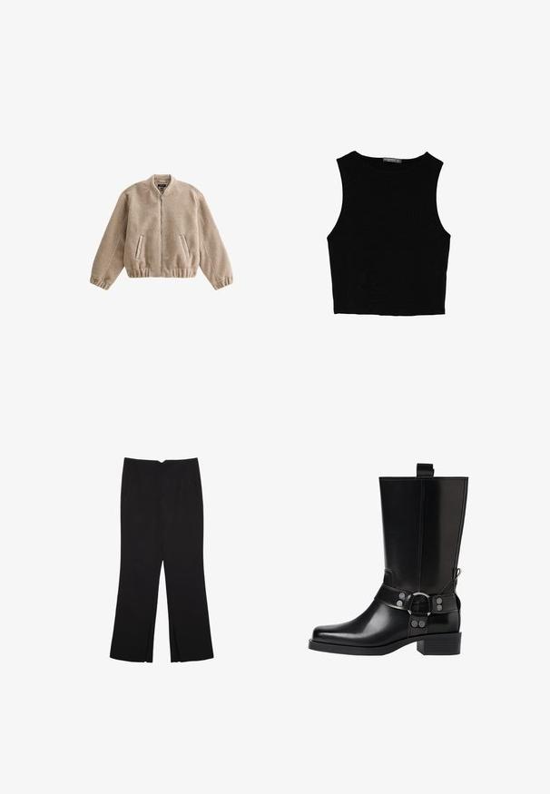 Beige fleece bomberjack met een rits aan de voorkant, geribbelde manchetten en zoom, en zijzakken. Zachte textuur en een ontspannen, gestructureerd ontwerp.; Zwarte mouwloze crop top van soepel materiaal, met een ronde hals en een schone, eenvoudige uitstraling zonder patronen of hardware.; Zwarte broek met een rechte pasvorm, voorzien van zijzakken en plooien aan de onderzijde. Gemaakt van zachte, gladde stof. Geschikt voor verschillende gelegenheden.; Zwarte leren kniehoog laars met een puntige neus, zilverkleurige gesp accentuaties en een stevige hak. Beschikt over een trekband voor eenvoudig aan- en uittrekken.