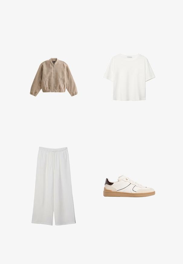 Beige fleece bomber jacket with a zip front, ribbed cuffs and hem, and side pockets. Soft texture and relaxed, structured design.; White short-sleeve t-shirt made of cotton. Features a crew neckline and a relaxed fit. Smooth texture with no visible patterns or accents.; White wide-leg trousers made of lightweight fabric, featuring an elastic waistband and a drawstring for adjustable fit. Smooth texture.; Stradivarius Trainers - white