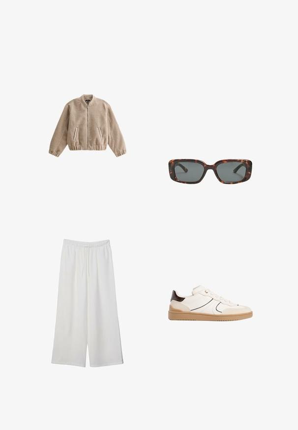 Beige Fleece-Bomberjacke mit Reißverschluss vorne, gerippten Bündchen und Saum sowie Seitentaschen. Weiche Textur und entspanntes, strukturiertes Design.; Weißes T-Shirt mit kurzen Ärmeln aus Baumwolle. Hat einen Rundhalsausschnitt und eine lockere Passform. Glatte Textur ohne sichtbare Muster oder Akzente.; Weiße, weit geschnittene Hosen aus leichtem Stoff, mit einem elastischen Bund und einem Zugband für eine verstellbare Passform. Glatte Textur.; Stradivarius Sneaker low - white; Sonnenbrille im Schildpatt-Design mit rechteckigen Gläsern, dicken Rahmen und dunkelgetönten Gläsern. Glatte Textur und minimalistisches Design.